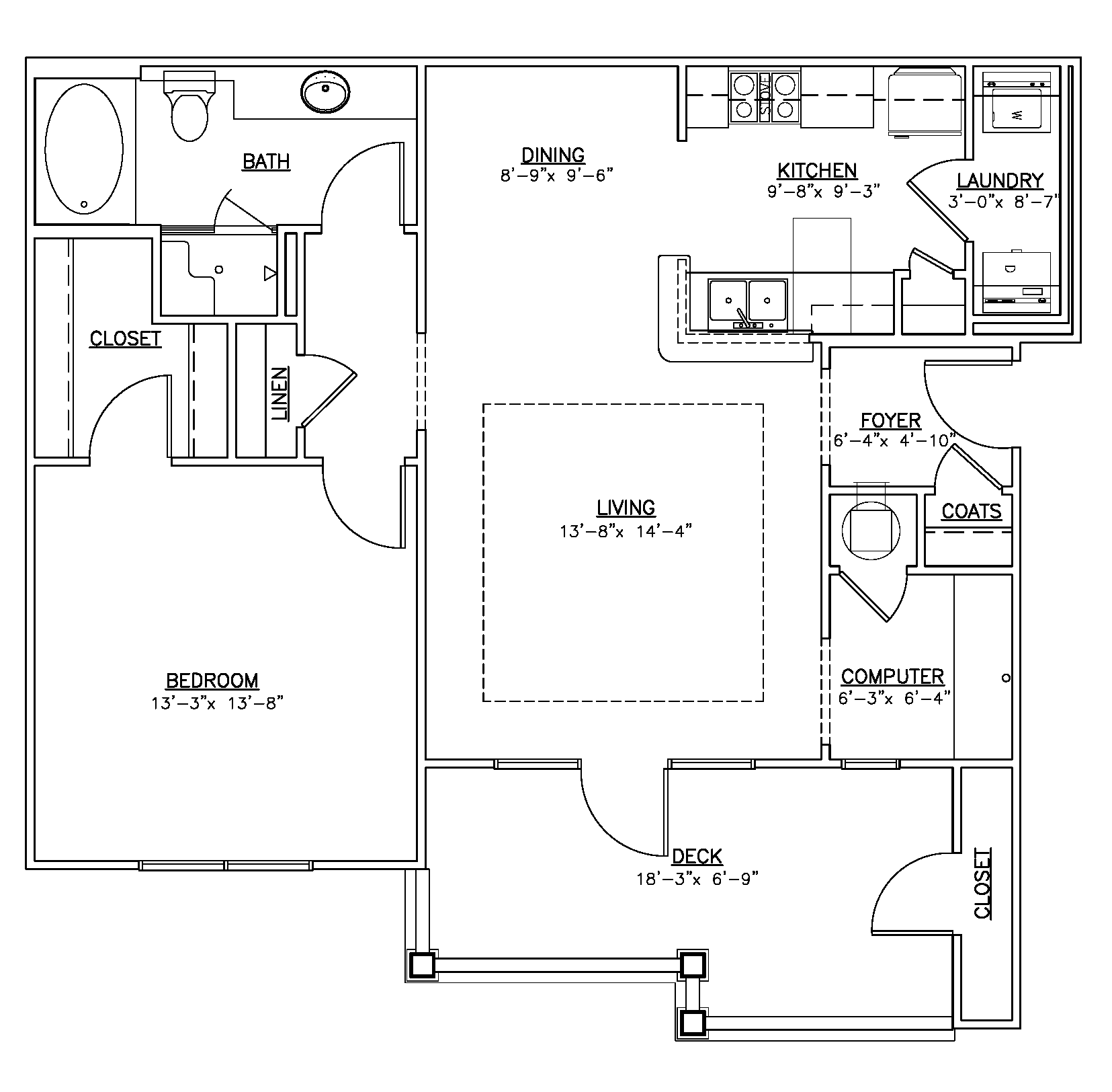 Floor plan for 1 bed, 1 bath, 906 sqft
